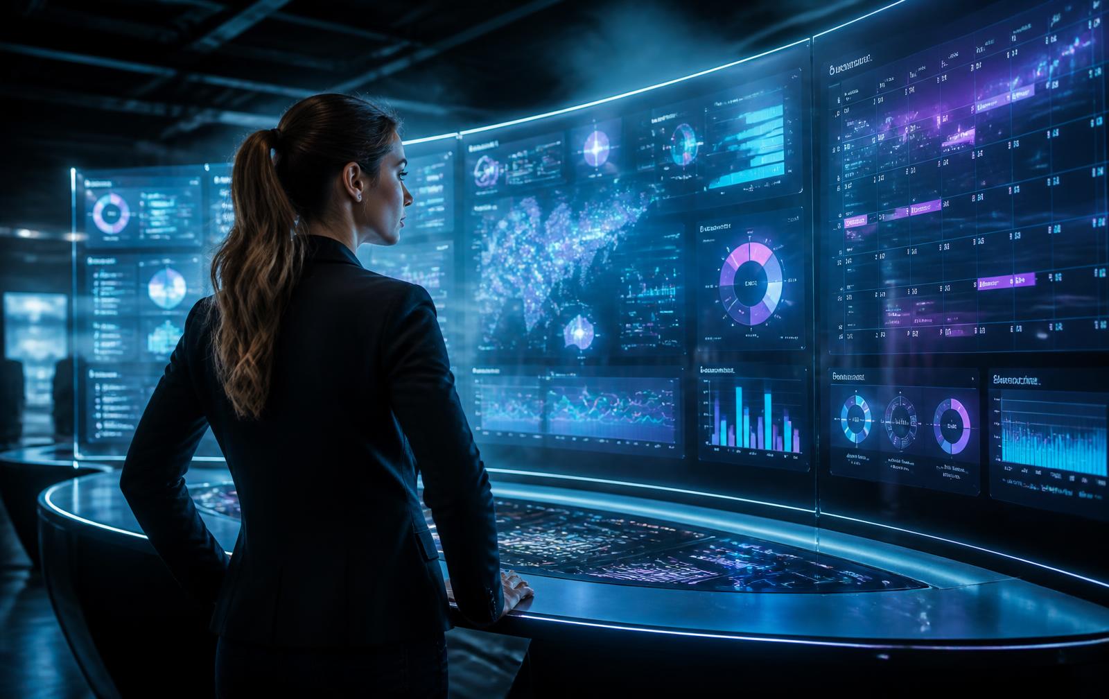 Maya, an AI growth marketing operator, reviewing campaign dashboards in a control room
